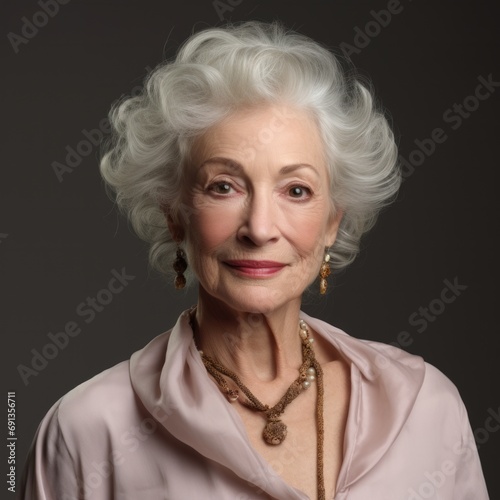 elegant senior woman made up with jewellery curly short grey hair a friendly facial expression