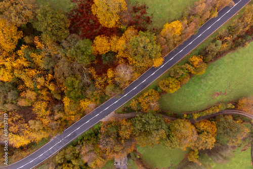 Aerial view of the road towards Alto del Caracol, in the Pasiegos valleys of Cantabria. photo