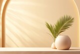 An abstract background image for creative content, highlighting a potted plant against an off-white wall with sunlight streaming in, creating a serene composition. Photorealistic illustration