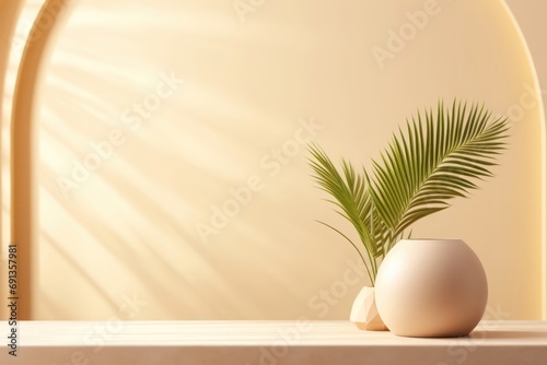 An abstract background image for creative content, highlighting a potted plant against an off-white wall with sunlight streaming in, creating a serene composition. Photorealistic illustration