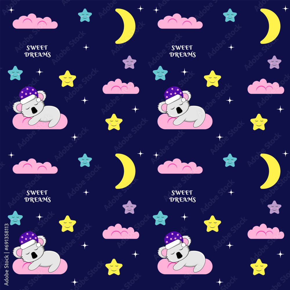 Fototapeta premium Sleep seamless pattern with clouds, stars, coala and moon. Children pattern