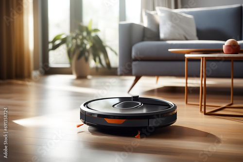 Modern robot vacuum cleaner  in room. Life-changing technologies. The concept of cleanliness and ease of cleaning photo