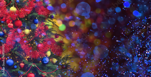 Christmas tree decorated with blue, red and golden festive balls against blurred background, bokeh effect. Banner design with space for text