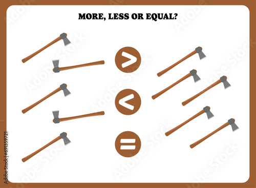 More, less or equal. Educational counting game for kids. Learning mathematic with axe.