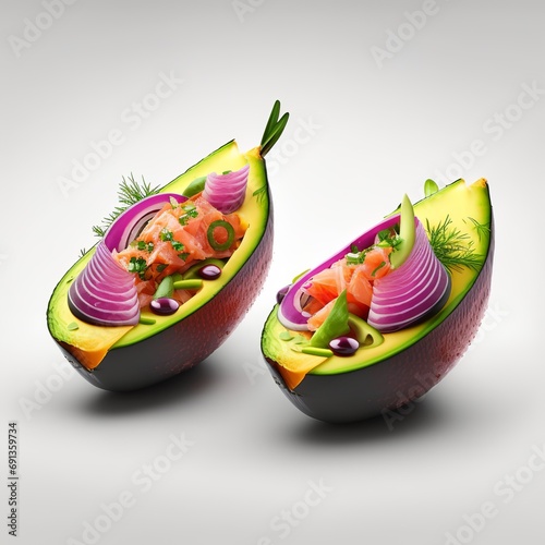 Avocado boats stuffed with salmon, red onion and arugula concept healthy food kitchen plate table fork  Generative AI 