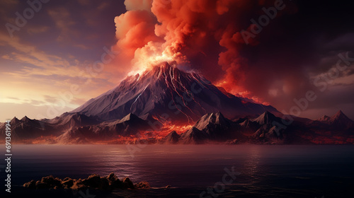 Massive Volcano Eruption. A large volcano erupting hot lava and gases into the atmosphere.