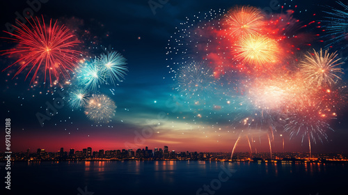 Festive firework rockets bursting in big sparkling star balls poster with black background abstract illustration photo
