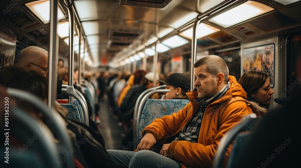 Variety of passengers ride the subway car Variety of passengers ride the subway car