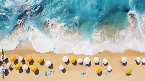 Aerial view of beach umbrellas and sunbeds on sand beach photo