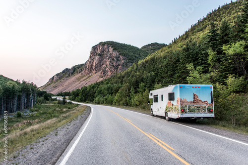 Camper RV truck parked Cape Breton Island Coast highway road scenic Cabot Trail route Nova Scotia Highlands Canada photo