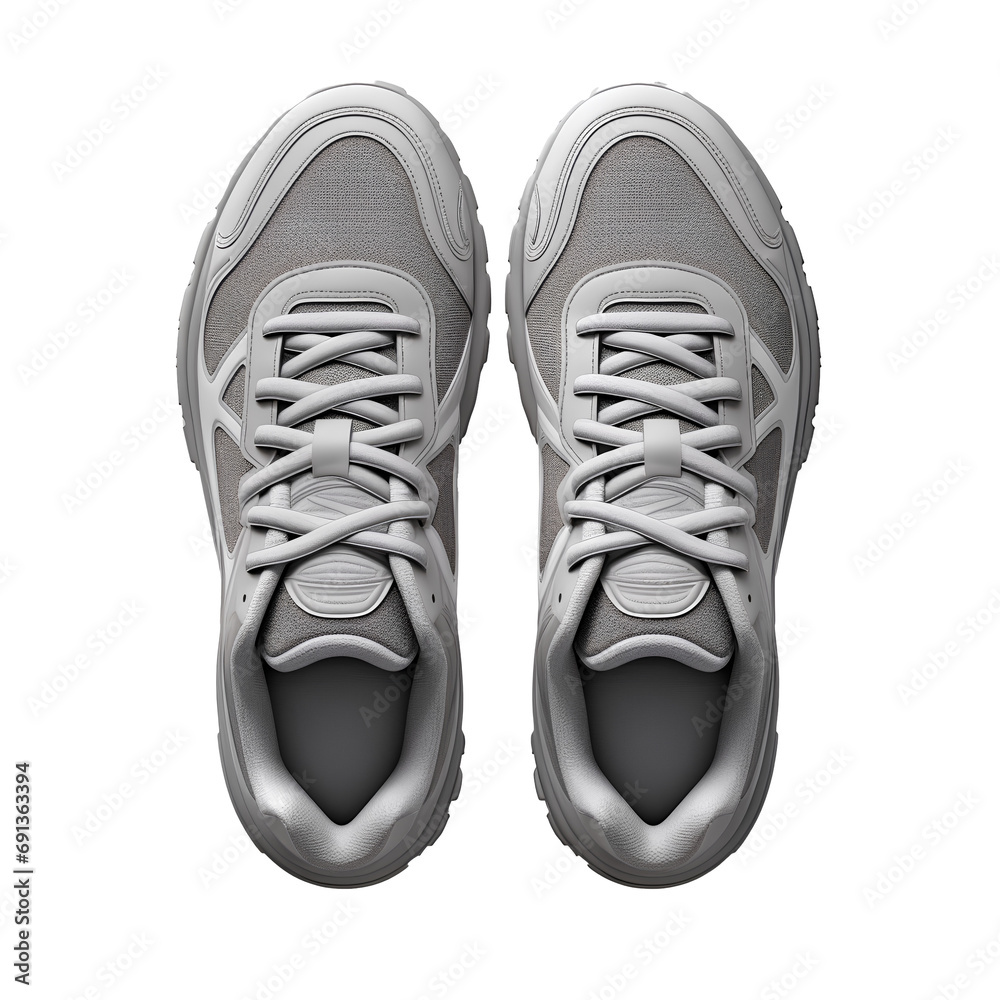 A top view of grey trainers, sneakers isolated on transparent background, png, 300 dpi