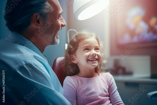 Smiling pediatric dentist with a young patient in dental clinic, Professional stomatology for kid. photo