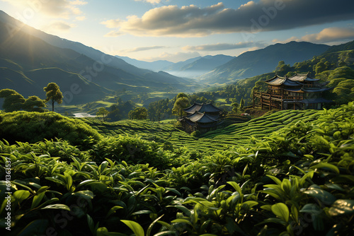 tea plantation in India at sunrise photo