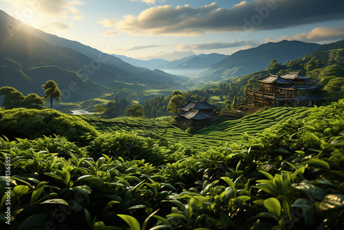 tea plantation in India at sunrise
