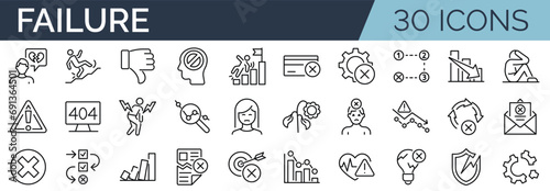 Set of 30 outline icons related to failure. Linear icon collection. Editable stroke. Vector illustration