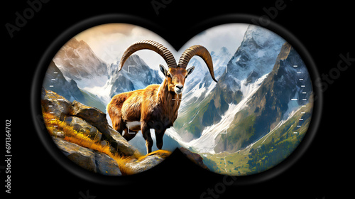 Binoculars point of view with a beautiful male alpine ibex with large horns in mountain, standing on some rocks, in the background a valley with forests and snow-capped peaks. Capra Ibex. photo