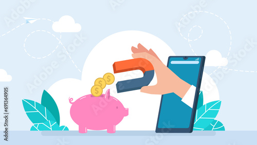 Hand holding large magnet from smartphone attract money from piggy bank. Money loss, financial debt, expense growth, economic crisis, budget management, less income, paying credit. Vector illustration
