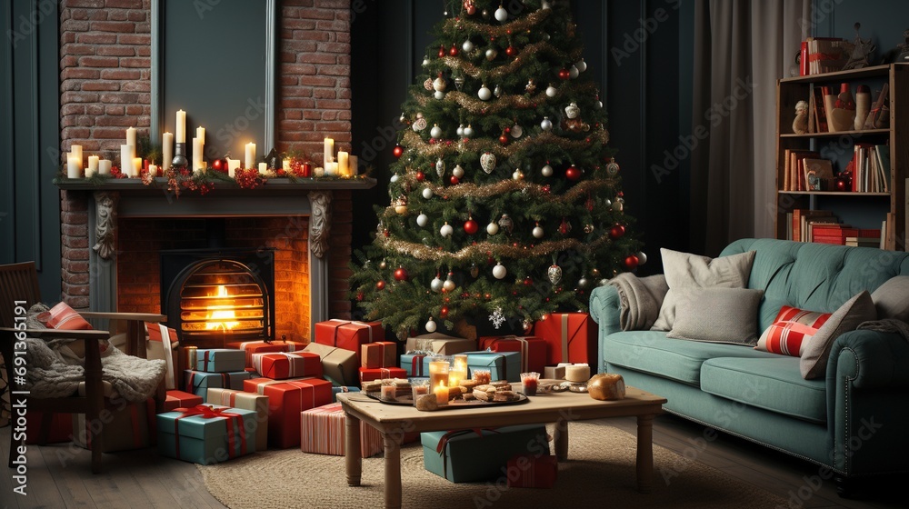 Homey Christmas background with a beautifully lit tree, cozy fireplace, and gifts, creating the perfect seasonal setting for festive designs and holiday home decor. Generative AI.