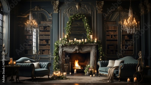Christmas background with a grand fireplace adorned in festive greenery and candles, flanked by classic bookshelves and luxurious sofas, perfect for New Year and Merry Christmas images. Generative AI.
