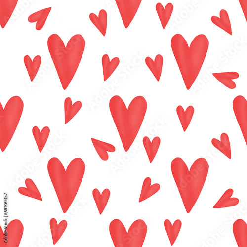 Seamless pattern of red large and small hearts on a white background.