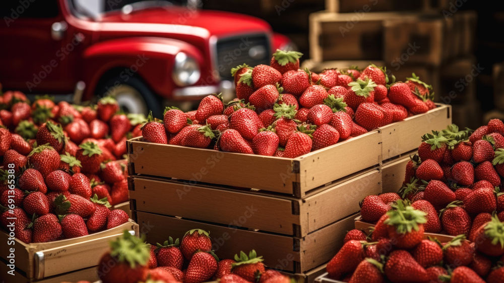 Strawberries in wooden boxes for transportation to the customer, small business and advertising of farm products, use of recycled packaging Strawberries in wooden boxes for transportation to the customer, small business and advertising of farm products, use of recycled packaging