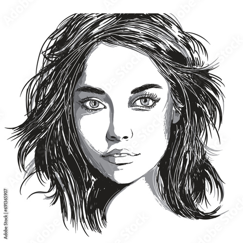 Vector portrait of a fashionable young beautiful girl with tousled hair. Black and white female portrait. Quick freehand sketch