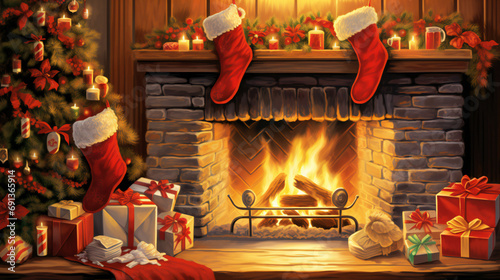 fireplace with christmas decorations Christmas scene with a lit fireplace Christmas tree gift packages candles and Befana stockings Warm and cozy atmosphere Christmas theme
