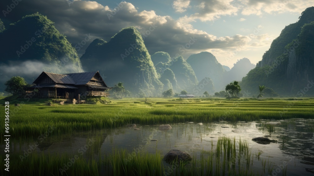 a house in the middle of a small garden, in the style of iban art, photo-realistic techniques, thai art, mountainous vistas, 32k uhd, grocery art, joyful celebration of nature