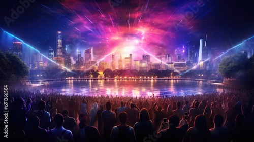 a light show is showing in front of the cityscape in bangkok, thailand, in the style of daz3d, concert poster, navy and bronze, chillwave, chromatic purity, chaos theory, provia film photo