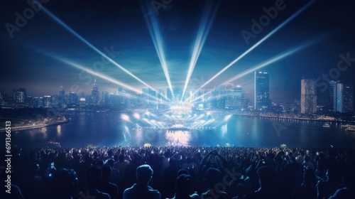 a light show is showing in front of the cityscape in bangkok, thailand, in the style of daz3d, concert poster, navy and bronze, chillwave, chromatic purity, chaos theory, provia film