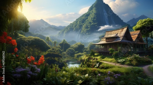 an exotic outdoor scene featuring lush gardens and plantations, in the style of photo-realistic techniques, vernacular architecture, sung kim, uhd image, isometric, grocery art, mountainous vistas photo