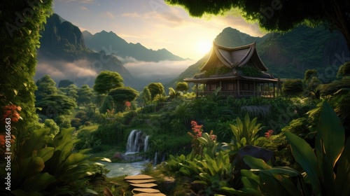 an exotic outdoor scene featuring lush gardens and plantations, in the style of photo-realistic techniques, vernacular architecture, sung kim, uhd image, isometric, grocery art, mountainous vistas photo