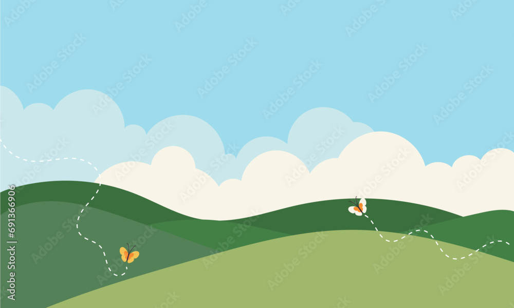 Cute cartoon background landscape with clouds and butterflies