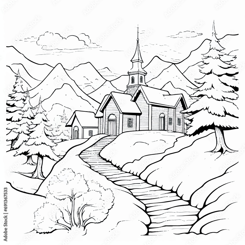 Illustration of coloring book Christmas landscapes, cartoon style