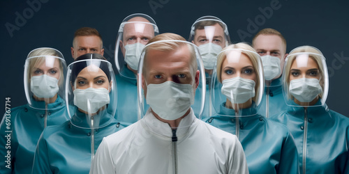 doctors or surgeons in isolation gown or protective suits  protect goggles and surgical face masks