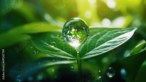 Carbon reduction inside water droplet on green leaf for for decrease CO2 , carbon footprint and carbon credit to limit global warming from climate change, Bio Circular Green Economy concept. 4k.