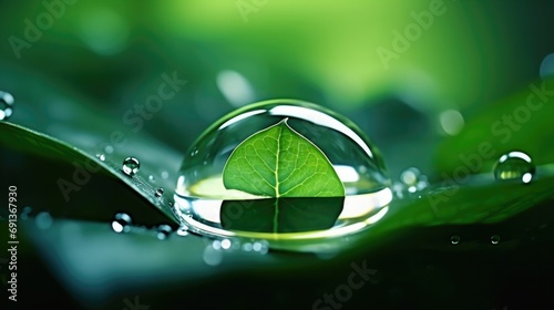 Carbon reduction inside water droplet on green leaf for for decrease CO2 , carbon footprint and carbon credit to limit global warming from climate change, Bio Circular Green Economy concept. 4k. photo