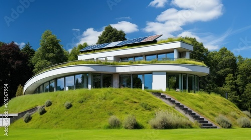 Urban Rooftop Garden with Solar Panels. Sustainable urban rooftop garden with integrated solar panels amongst lush greenery in a city environment.