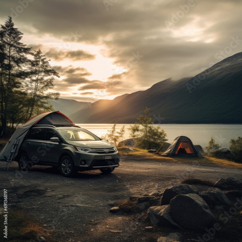 MPV camping car, tent on the side of the car, forest, sea, mountains, professional photography