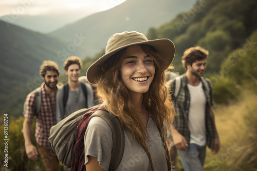 Group of young friends hiking in countryside