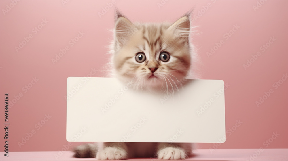 funny pet cat showing a placard isolated on white background blank web banner template and copy space