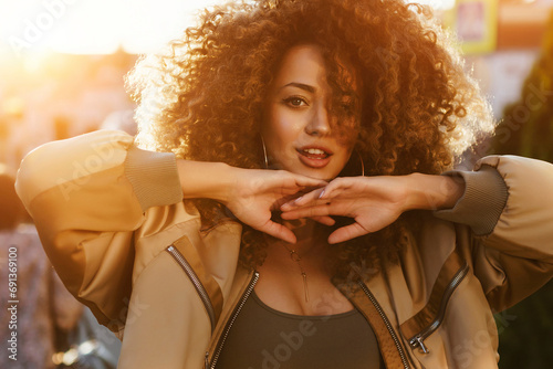 Happy woman with curly hair dancing at sunset photo
