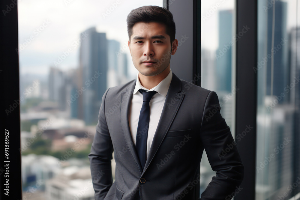 Asian Businessman Stands Proud in Front of Office Window, Overlooking the Expansive City Below. Asian Businessman Stands Proud in Front of Office Window, Overlooking the Expansive City Below.