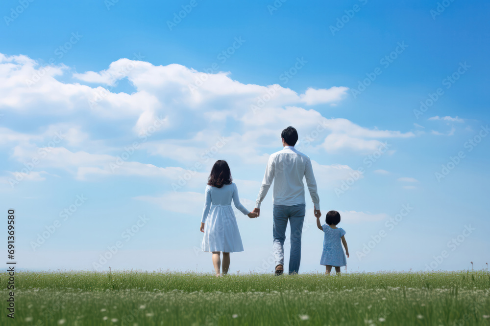 Family Stroll, Back View of Mom and Dad Walking with Baby Girl in the Grass, Beneath a Vast Sky.