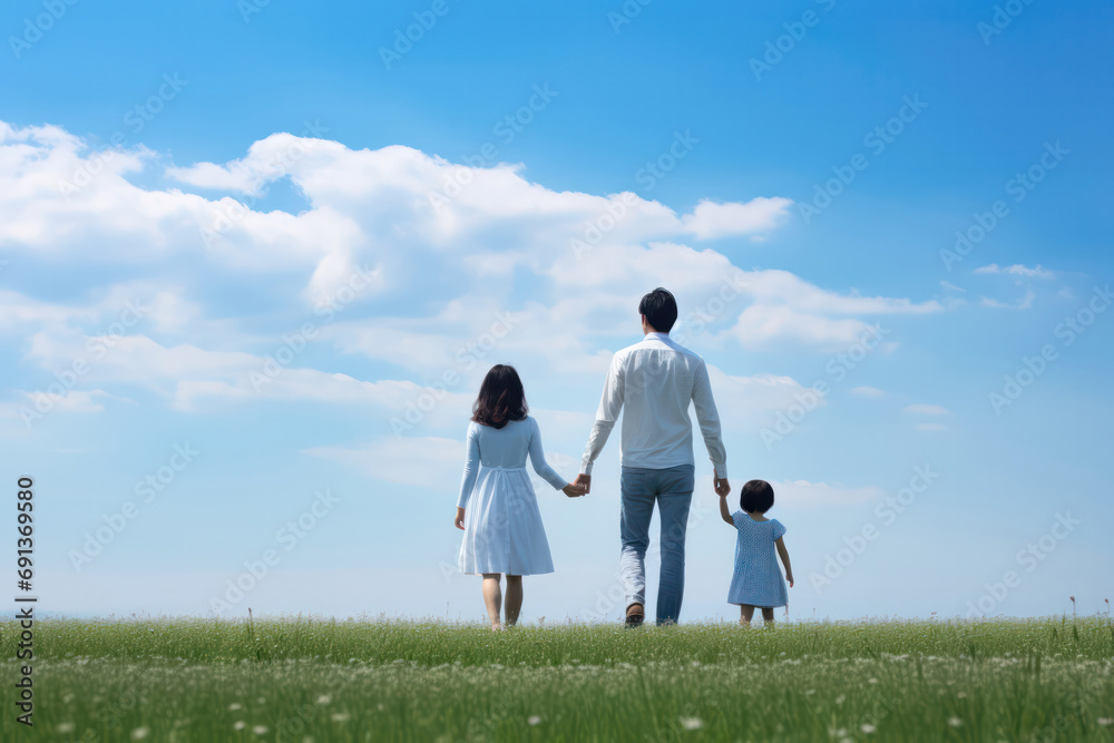Family Stroll, Back View of Mom and Dad Walking with Baby Girl in the Grass, Beneath a Vast Sky. Family Stroll, Back View of Mom and Dad Walking with Baby Girl in the Grass, Beneath a Vast Sky.