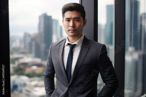 Asian Businessman Stands Proud in Front of Office Window, Overlooking the Expansive City Below.