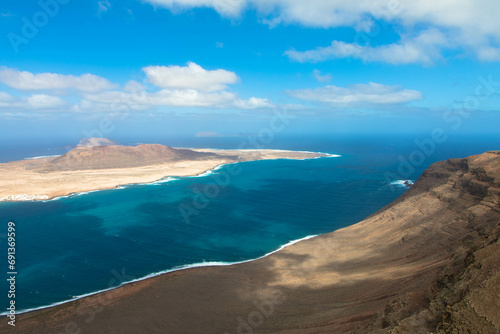 Spectacular Panorama view of the small island of La Graciosa. Seen from the Mirador del Rio on Lanzarote. 
Spain, Europe