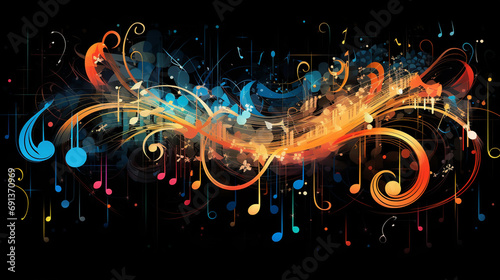 Abstract music background with notes and watercolor texture isolated black background