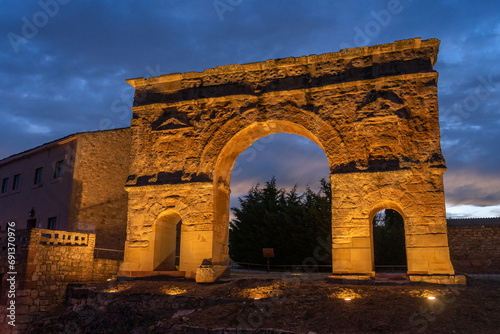 Arch of Medinacelli illuminated at night. Soria, Castilla y Leon, Spain.