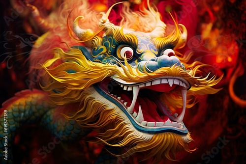 close-up of chinese new year multi colored dragon lion 